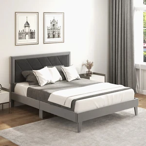 Queen Size Bed Frame Upholstered Platform Velvet Headboard Wooden Slats Gray - Picture 1 of 10