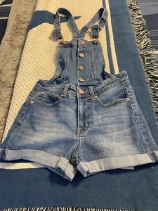 GUESS Denim Short Overalls Rose Gold Button Detailing, Size 24, Excellent - Picture 1 of 9