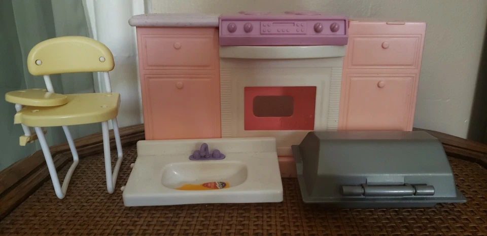 1996 Barbie Stove Oven, Grill, Sink with Soap, and 1990 School Desk - Image 1 of 1