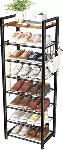 8 Tiers Shoe Rack 16 Pairs Tall Wooden Plank Shoe Shelf Hooks Closet Entryway - Picture 1 of 12