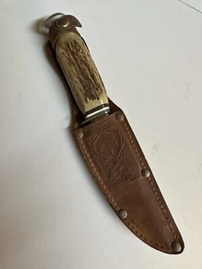 Vintage German Hunting Knife Rostfrei Solingen Stag Handle With Sheath - Picture 1 of 4