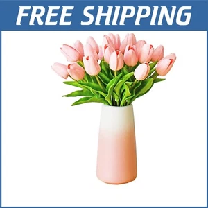 Realistic 28pcs Light Pink Tulips in Vase - Perfect for Spring & Wedding Decor - Picture 1 of 11