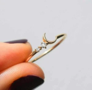 14K Solid Yellow Gold Crescent Moon Ring Band 2 Diamond Ring For Wife Gift. - Picture 1 of 12