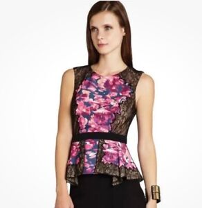 BCBG MAXAZRIA KAYLYN TOP SLEEVELESS BLOUSE PINK BLACK LACE FLORAL SIZE S