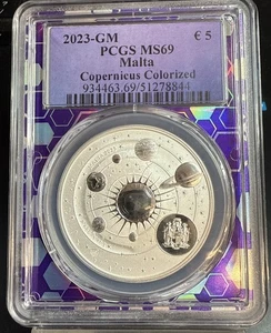 2023 Malta Silver Copernicus 550th Anni. of Birth 5 Euro PCGS MS69 Colorized Sun - Picture 1 of 2