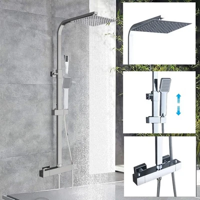 Bathroom Thermostatic Mixer Shower Dual Head Square Rainfall Head Handset Chrome