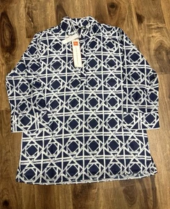 Jude Connally Bamboo Rattan Dress Navy White Medium - Picture 1 of 8