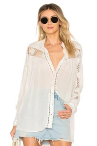 Free People FAB! Camicia Katie Bird con inserti all'uncinetto colore avorio taglia XS - Foto 1 di 11