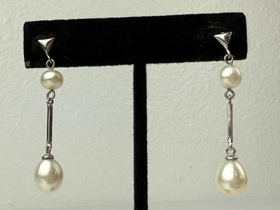 Винтажные серьги-подвески из чистого серебра с жемчугом 1,5 дюйма 925 - Изображение 1 из 4