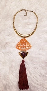 Chico's Statement 18 Inch Burgundy Tassel Necklace W/ Orange & Cheetah Pendants - Picture 1 of 5