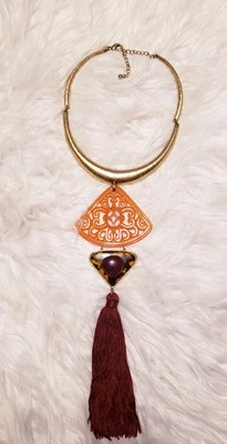 Chico's Statement 18 Inch Burgundy Tassel Necklace W/ Orange &  Cheetah Pendants - Image 1 of 4