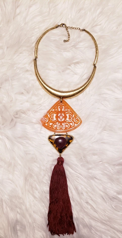 Chico's Statement 18 Inch Burgundy Tassel Necklace W/ Orange &  Cheetah Pendants - Image 1 of 4
