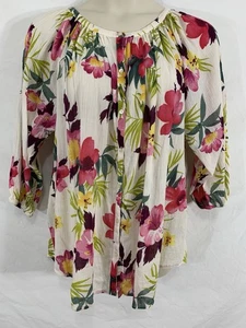 CHAPS Womens 20W 22W (2X) Pink Floral 100% Cotton Lightweight Button Up Shirt - Picture 1 of 15