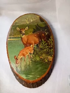 Vintage Tree Slice Art Doe and Fawn Wall Hanging - Picture 1 of 2