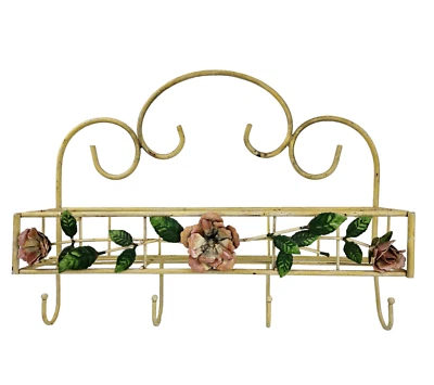 De Colección Estilo Tole Italiano Estante de Pared Toallero Sombrero Shabby 4 Ganchos ChippyYellow 17" Foto 1 de 4