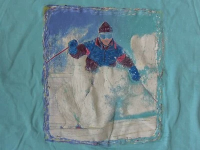 Vintage 1980s T-Shirt Snow Ski Aqua Blue Puffy Tee Shirt Islander Sportswear - Image 1 of 4