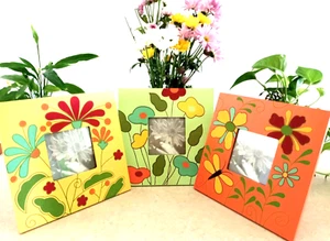 lot of 3 Colorful Floral 9" x 9" Tabletop Picture Frame - photo size 3.5" x 3.5" - Picture 1 of 16