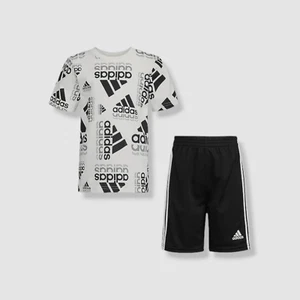 Adidas Toddler Boys White All Over Print T-shirt & Shorts 2 piece Set Sz 2T - Picture 1 of 3