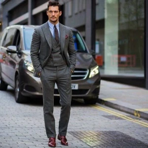 Clásico Gris Hombres Tweed Traje Oficina Baile de graduación Fiesta Novio Esmoquin Trajes de Boda Blazer - Imagen 1 de 10