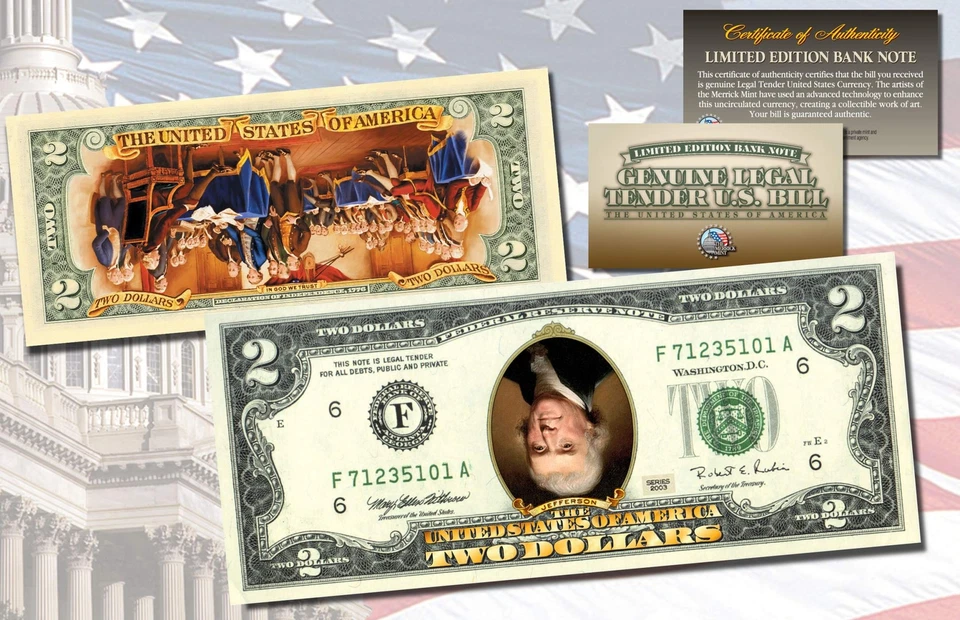 Billete de 2 dólares invertido de EE. UU. Licitación Legal COLOREADO 2 CARAS ERROR INVERTIDO Foto 1 de 1