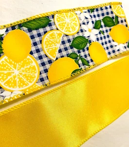 Lemon Ribbon Bundle 2.5” Wired Ribbon 5 yds X 2= 10 yds d. Steven’s Navy Gingham - Picture 1 of 6