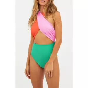 Beach Riot Jessica One Piece Green Coral Colorblock Halter One Piece Swimsuit S - Picture 1 of 13