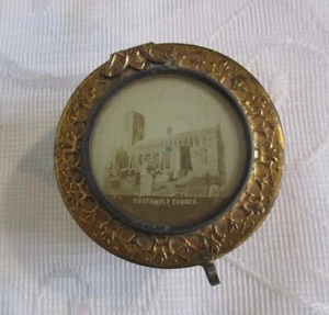 Antique Gilded Metal Pill / Patch Box With Ceramic Liner Southwold Church On Lid - Picture 1 of 18