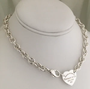 18" Please Return to Tiffany & Co Heart Tag Choker Necklace Center Heart - Picture 1 of 10