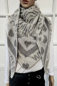 XXL Dreieckstuch Halstuch Schal Viskose Wolle Animal/Herzen Schriftzug Grautöne - Bild 1 von 3