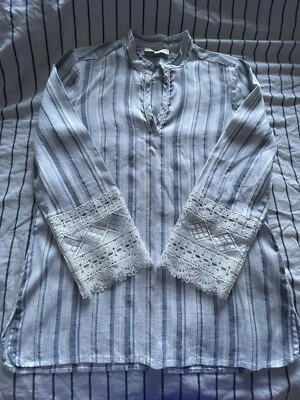 Blusa túnica de lino a rayas Etcetera talla 6 azul blanco ventilación encaje ribete puño. Foto 1 de 4