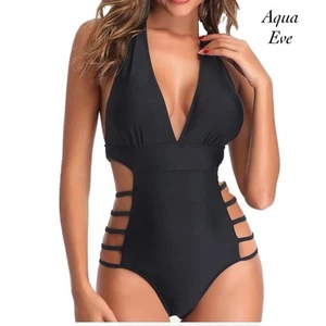 Tempt Me Black Plunge V Neck Cutout Monokini One Piece Swimsuits NWT Size XXL - Picture 1 of 11