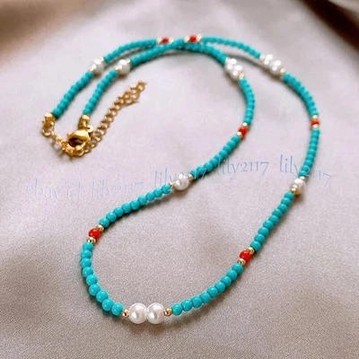 Colares redondos de pedras preciosas azul turquesa 4 mm coral vermelho branco concha pérola - Imagem 1 de 4