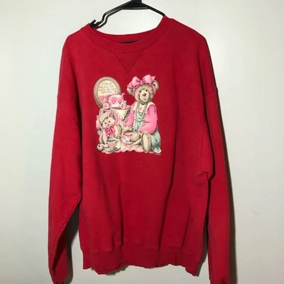 Vintage Champion Sudadera Mujer XL Rojo Gato Oso Tomando Té Gráfico Lindo Acogedor Foto 1 de 4