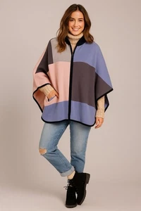 Poncho Suéter Tejido Anne Klein Rosa Pastel Púrpura Color Bloque Cremallera Frontal XS - Imagen 1 de 7