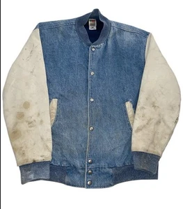 VTG Denim Varsity Bomber Men's Large Button Snaps 90s FRUIT OF THE LOOM Jacket - Picture 1 of 14