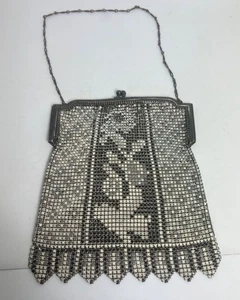 Art Deco Whiting & Davis Mesh Purse Black White Emaille Flower Flapper Handtasche - Bild 1 von 22