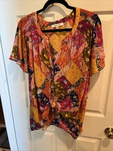 ROSE + OLIVE BLOUSE / 2X / Button up and Tie front / multicolored - Picture 1 of 7