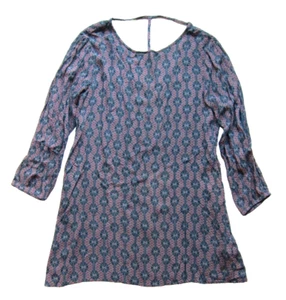 ROXY 100% Rayon Blue Green Pink Geometric Pocket Long Sleeve Tunic Shift Dress L - Picture 1 of 5