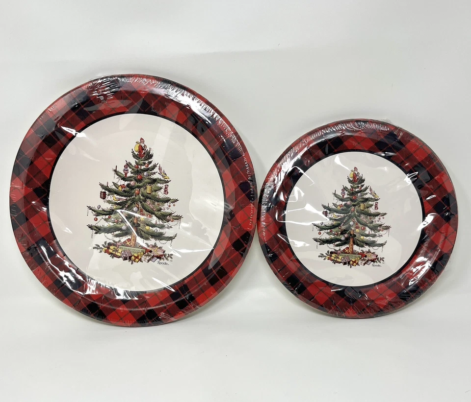SPODE PLAID CHRISTMAS TREE PAPER PLATES 32 PIECES NEW - Image 1 of 1