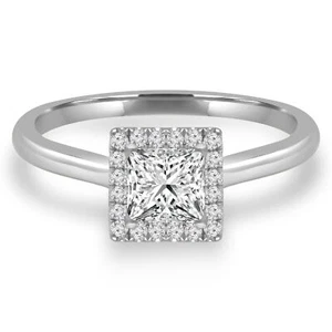 0.54 CT Princess SI2 G Diamond Halo Engagement Ring 18K White Gold - Picture 1 of 5