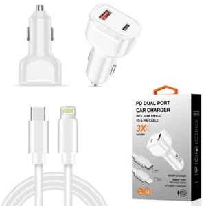 Dual Ports Car Charger Travel Adapter Fast Charging 36W PD USB-C to 8 Pin Cable - Picture 1 of 1