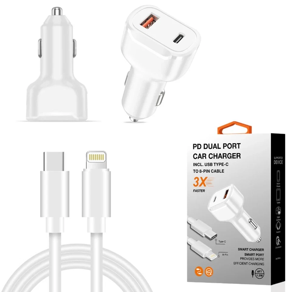 Adaptador de viaje cargador de coche de doble puerto carga rápida 36W PD USB-C a cable de 8 pines Foto 1 de 1