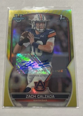 ZACH CALZADA 2022 BOWMAN CHROME U YELLOW REFRACTOR AUTO #43/75 AUBURN TIGERS - Image 1 of 4