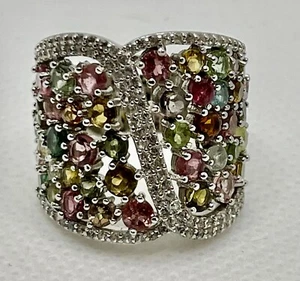925 Silver Multi Color Stone Bold Cocktail Ring Tests Tourmaline Sz 6 - Picture 1 of 6