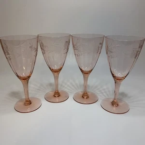 Vintage Pink Set Of 4Depression Water Goblets Wine Glasses 8oz Floral Etched - Picture 1 of 8