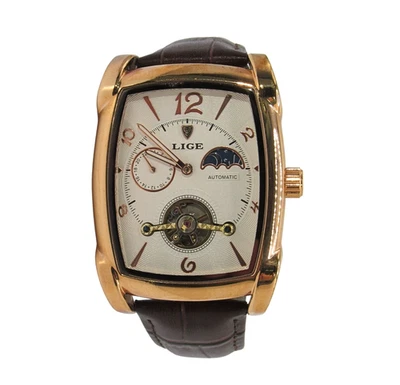 LIGE Rectangle Automatic Moon Phase Brown Leather Band Men's Watch LG8949 - Image 1 of 4