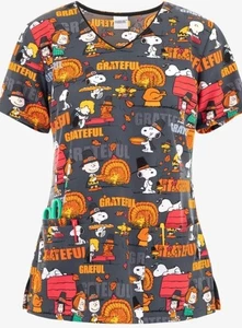 Peanuts Snoopy Thanksgiving Women’s Tooniforms Scrub Top XS NEW - Picture 1 of 1