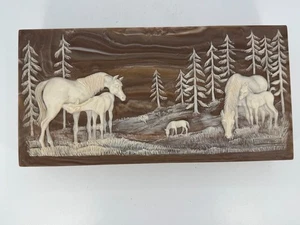 Vintage Incolay Stone Resin Horses Brown Jewelry Box - Picture 1 of 19