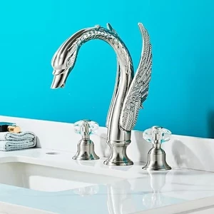 Nickel 8" widespread 3 Hole lavatory swan sink faucet Crystal handles deck mount - Picture 1 of 3