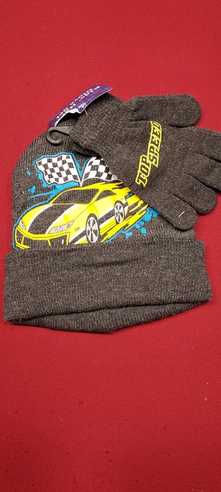 Juego de sombrero y guantes bandera a cuadros coche de carreras para niños nuevo con etiquetas Foto 1 de 1